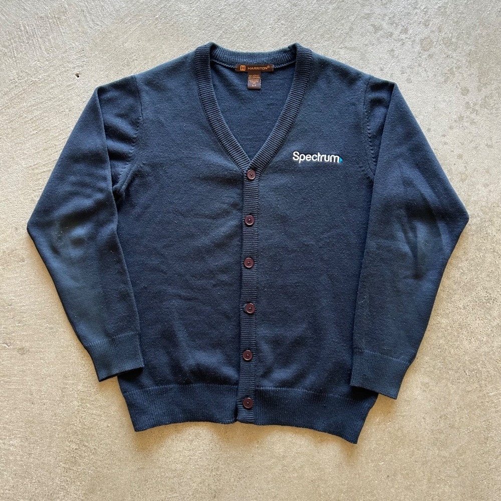 Harriton Cardigan Sweater Size Small Navy Blue V Neck Spectrum Logo Uniform M425